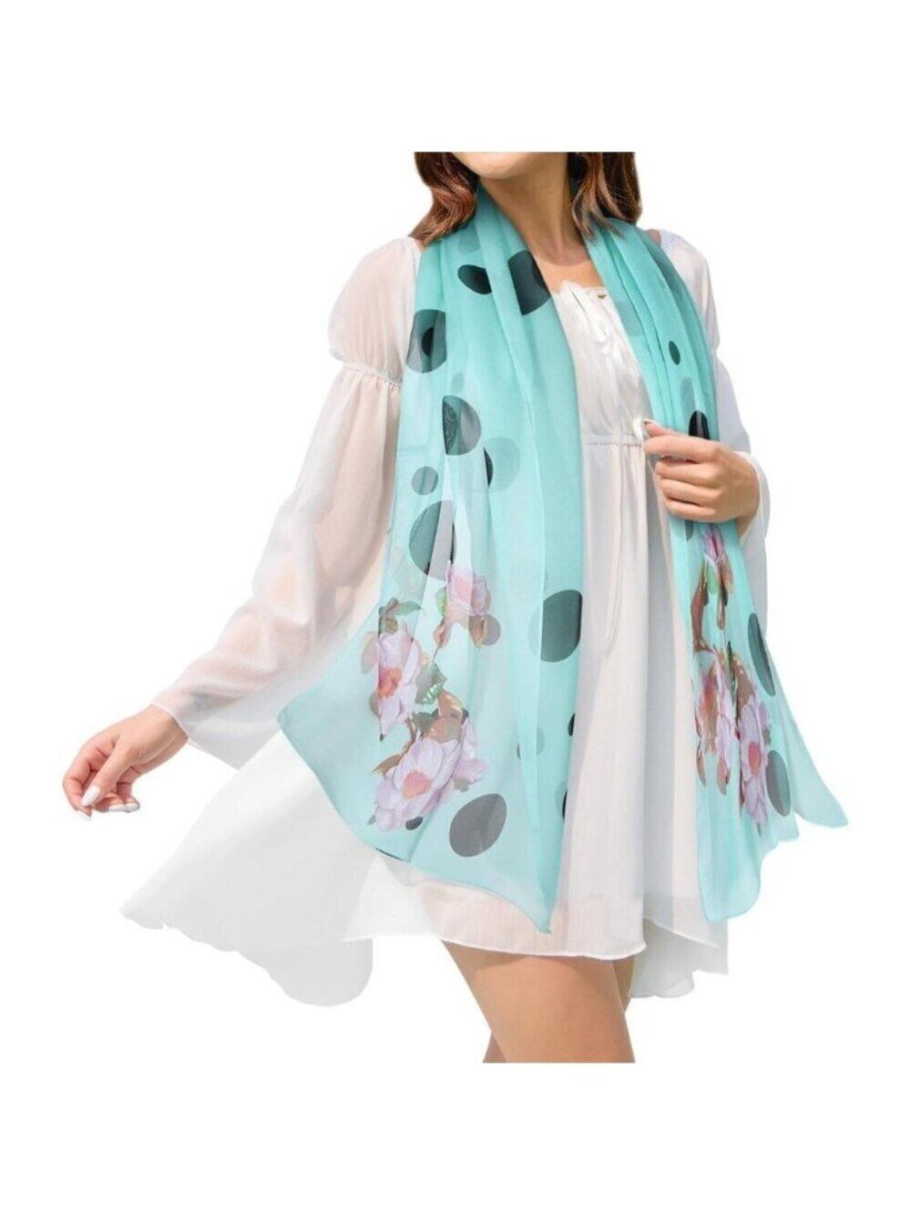 Women's Lake Blue Fashion Lightweight Head Scarf Floral Print Chiffon Scarves